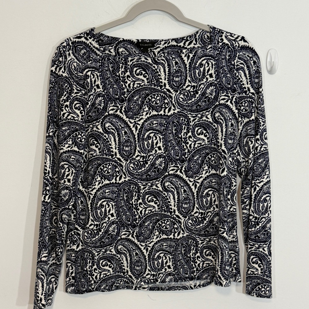 Talbots Womens Top L Blue Paisley Long Sleeve Stretch Casual Career